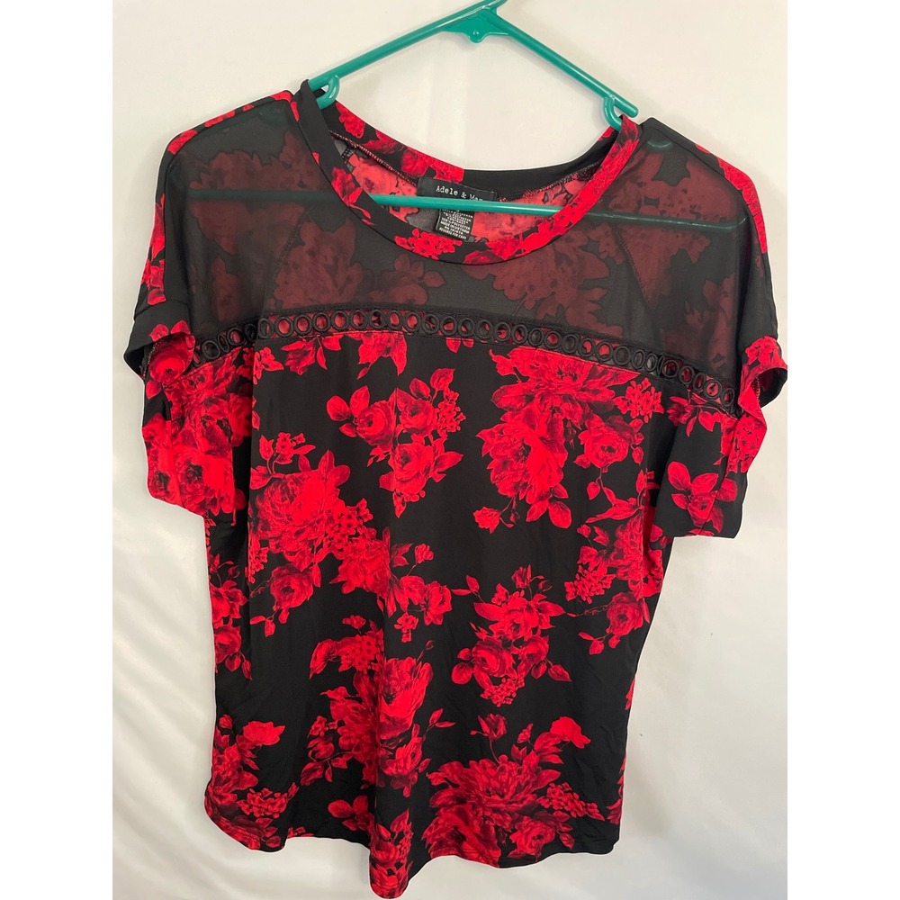 Adele & May Red Black Floral Mesh Yoke Short Sleeve Top S N19949A